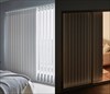 寝室には遮光性のあるスラット(羽根)を。シーンに合わせて透過性が選べます。（左：昼間）外光を受けたとき　（右：夜間）外から室内を見たとき